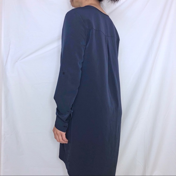 NWOT JACOB Collarless Blue/ Navy Satin Shirt Dress - Picture 4 of 6